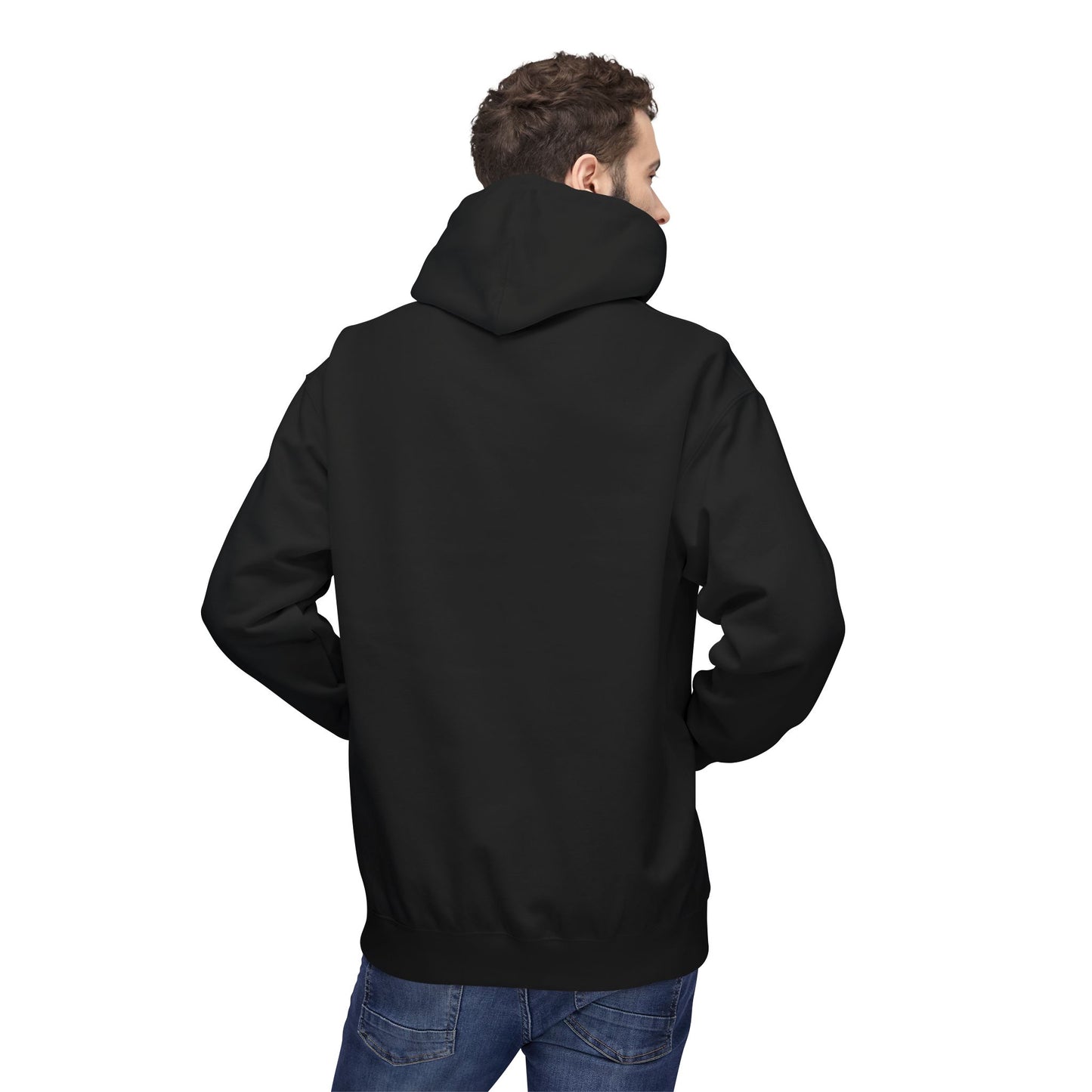 Person wearing a unisex hoodie showing the back view with no design.