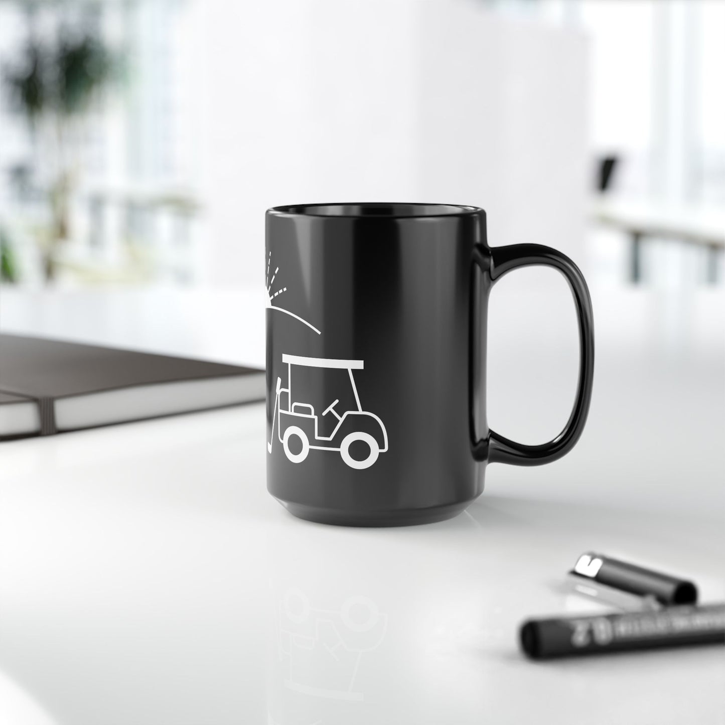 Side view of a ceramic mug with the MyPeople Golf line illustration, handle on the right.