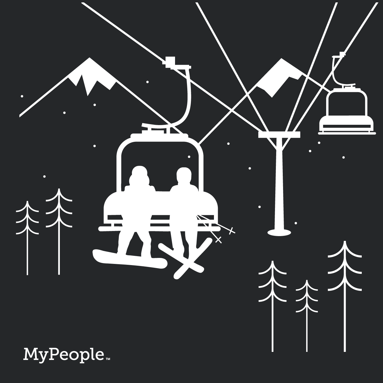 MyPeople Snowsports collection link featuring a line illustration of a snowboarder and skier on a chairlift with snowy peaks behind them.
