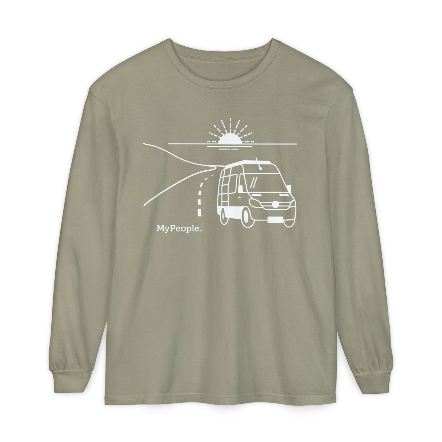 Line illustration of a camper van on a highway with a setting sun, with the word MyPeople underneath on a unisex garment.