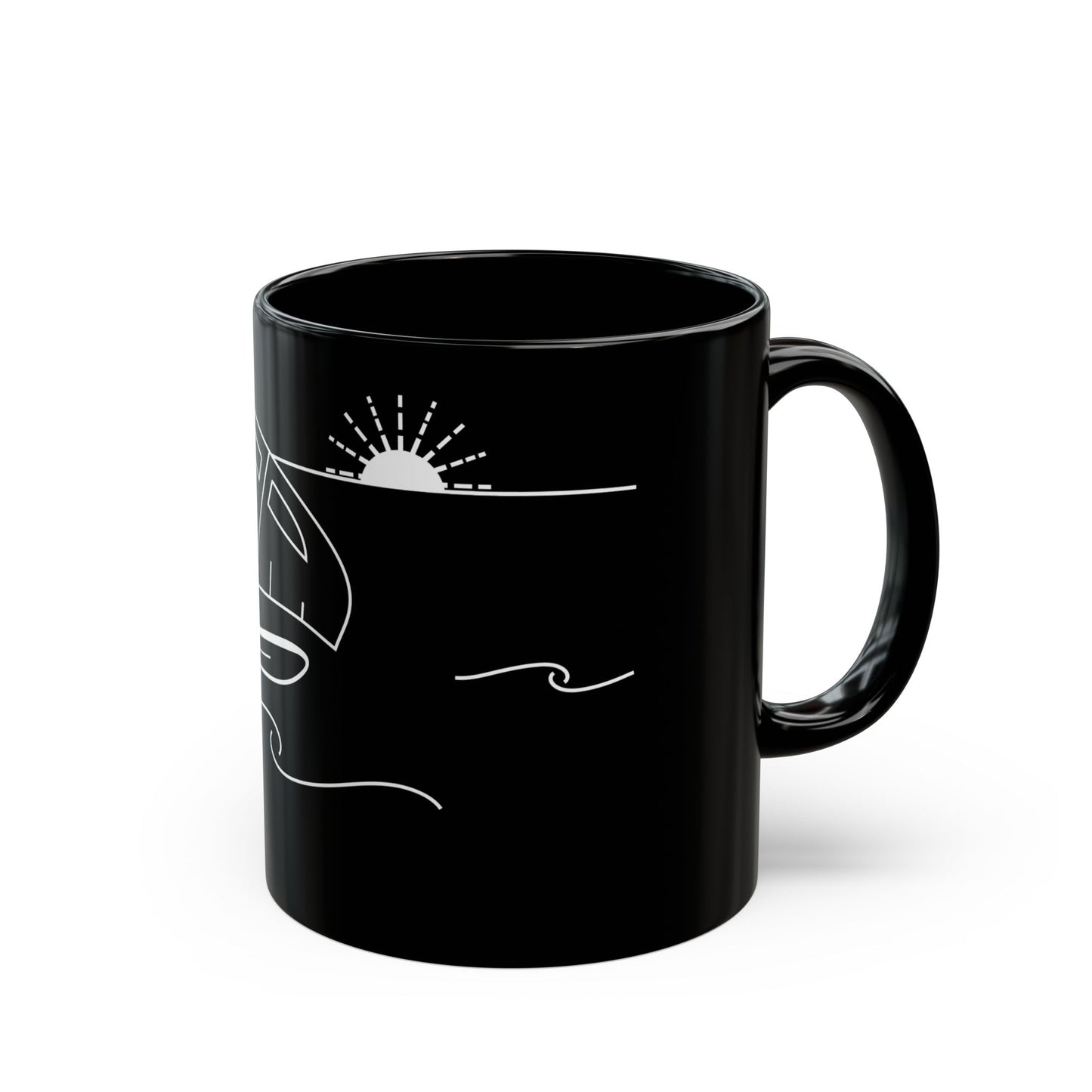 Side view of a ceramic mug with the MyPeople Wing Foiling line illustration, handle on the right.
