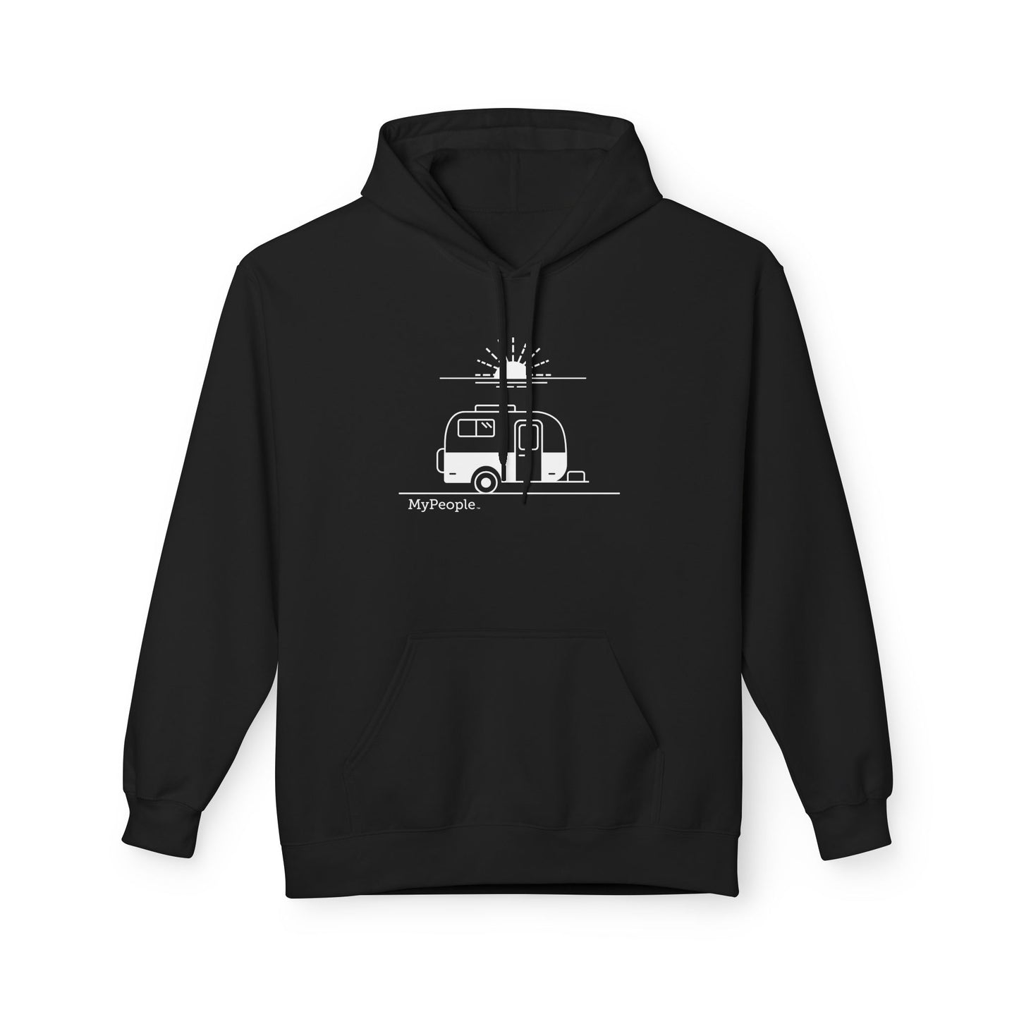 line illustration of a classic vintage fiberglass trailer with a setting sun behind it, with the word MyPeople underneath on a unisex hoodie.