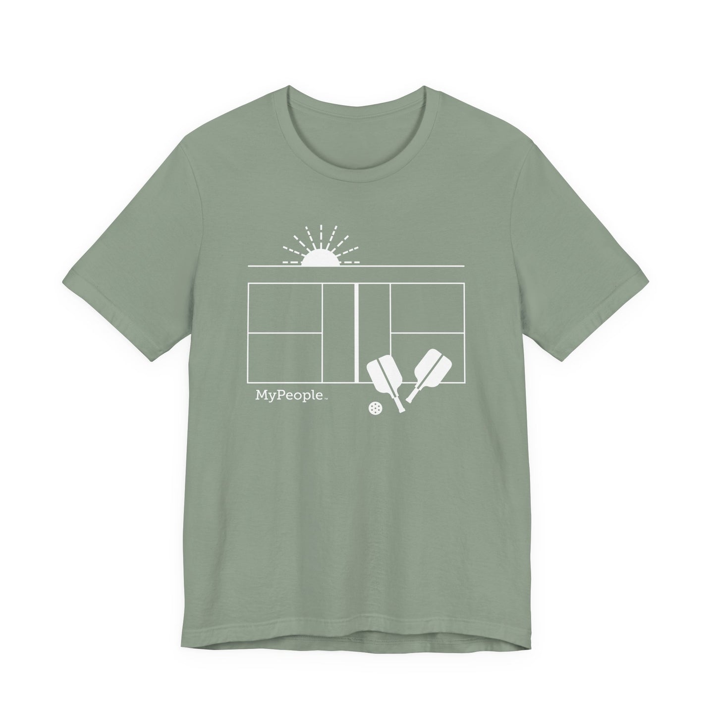 Line illustration of a pickleball court with paddles, a ball, and a setting sun, with the word MyPeople underneath on a unisex garment.
