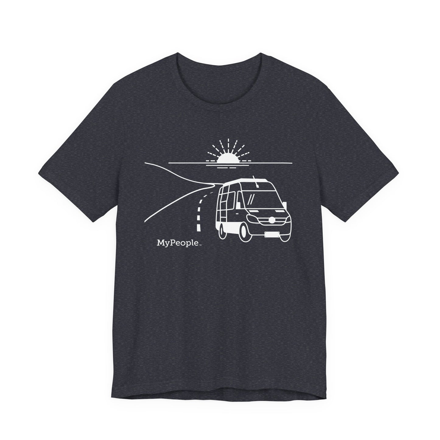 line illustration of a camper van on the highway with a setting sun in the background, with the word MyPeople underneath on a unisex t-shirt.