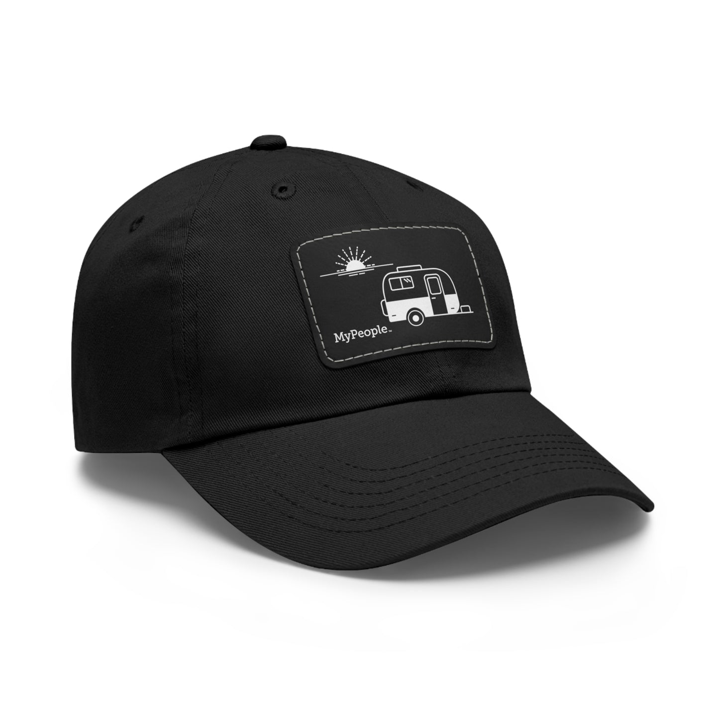 Angled view of a hat with a leather patch printed with the MyPeople Vintage Trailer line illustration.
