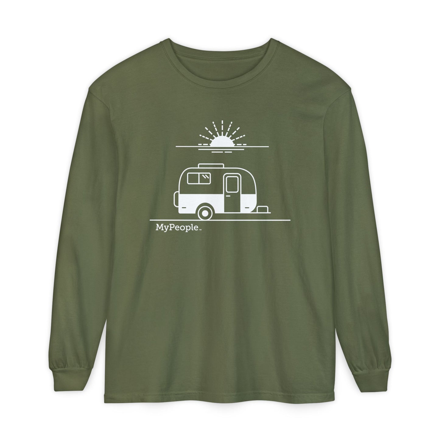 Line illustration of a vintage fiberglass trailer with a setting sun, with the word MyPeople underneath on a unisex garment.