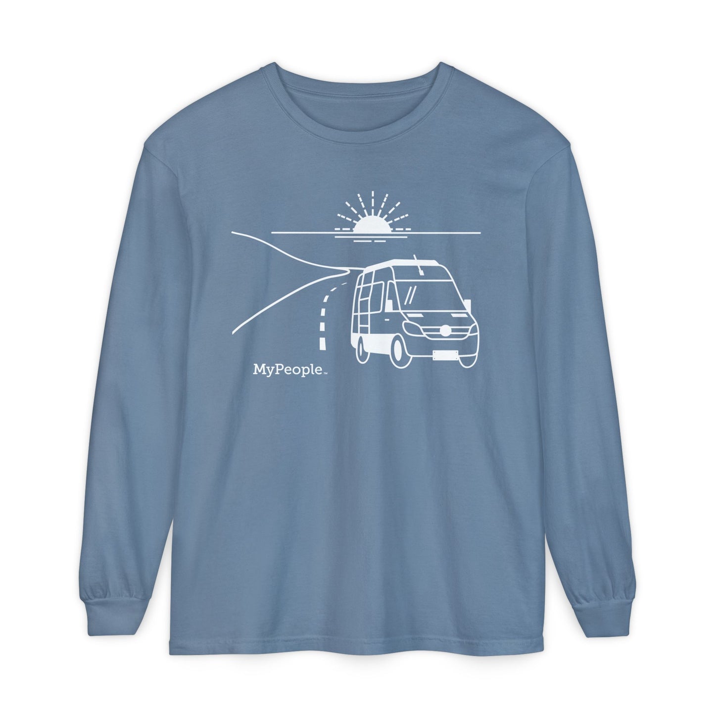 Line illustration of a camper van on a highway with a setting sun, with the word MyPeople underneath on a unisex garment.