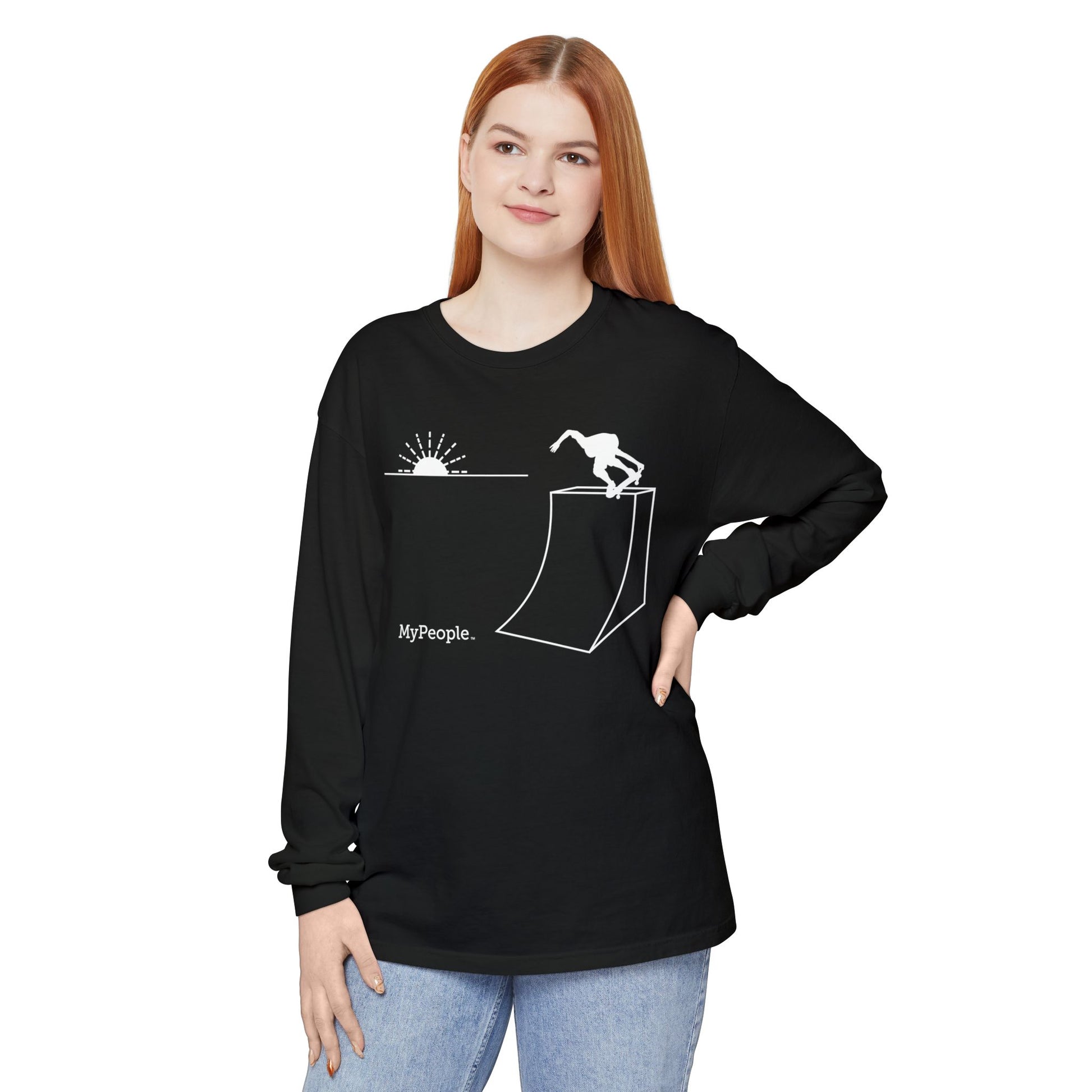 Person wearing a unisex long-sleeve shirt showing the front view with the MyPeople Snowsports line illustration.
