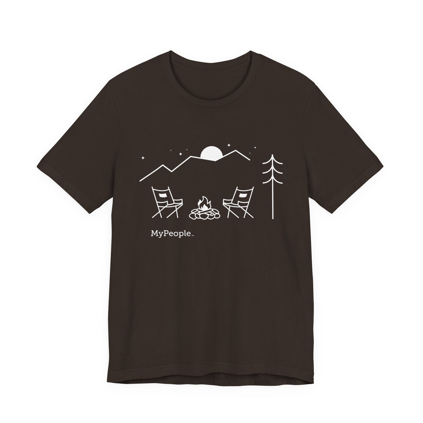 Line illustration of two chairs by a campfire under a tree with mountains and a night sky, with the word MyPeople underneath on a unisex garment.