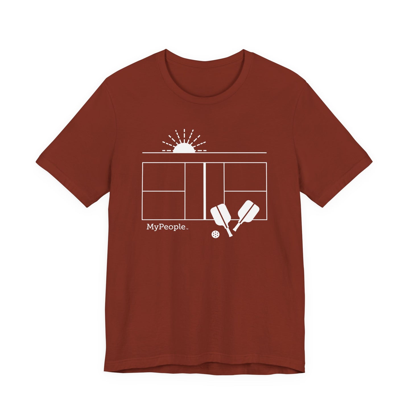 Line illustration of a pickleball court with paddles, a ball, and a setting sun, with the word MyPeople underneath on a unisex garment.