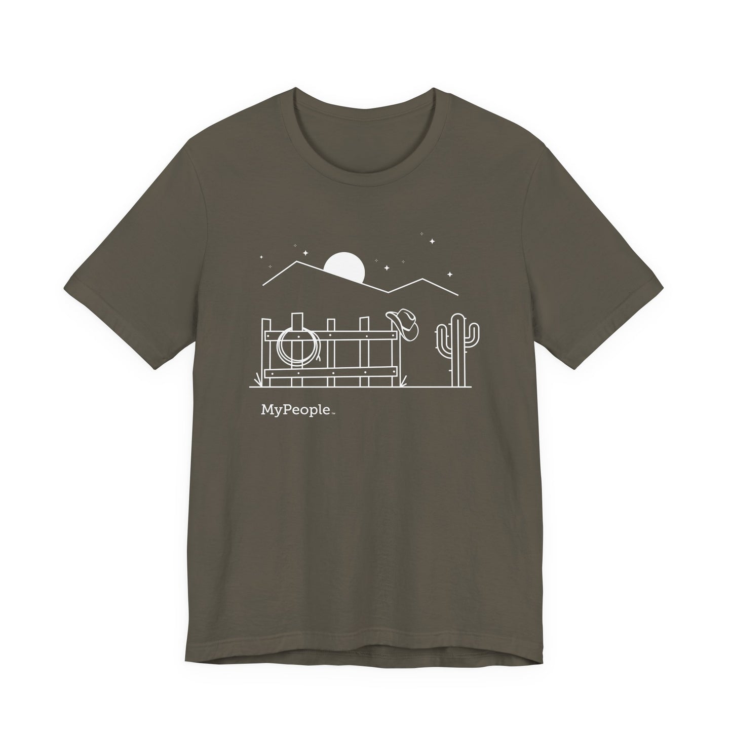 Line illustration of a fence with a cowboy hat, rope, and boots under a night sky, with the word MyPeople underneath on a unisex garment.