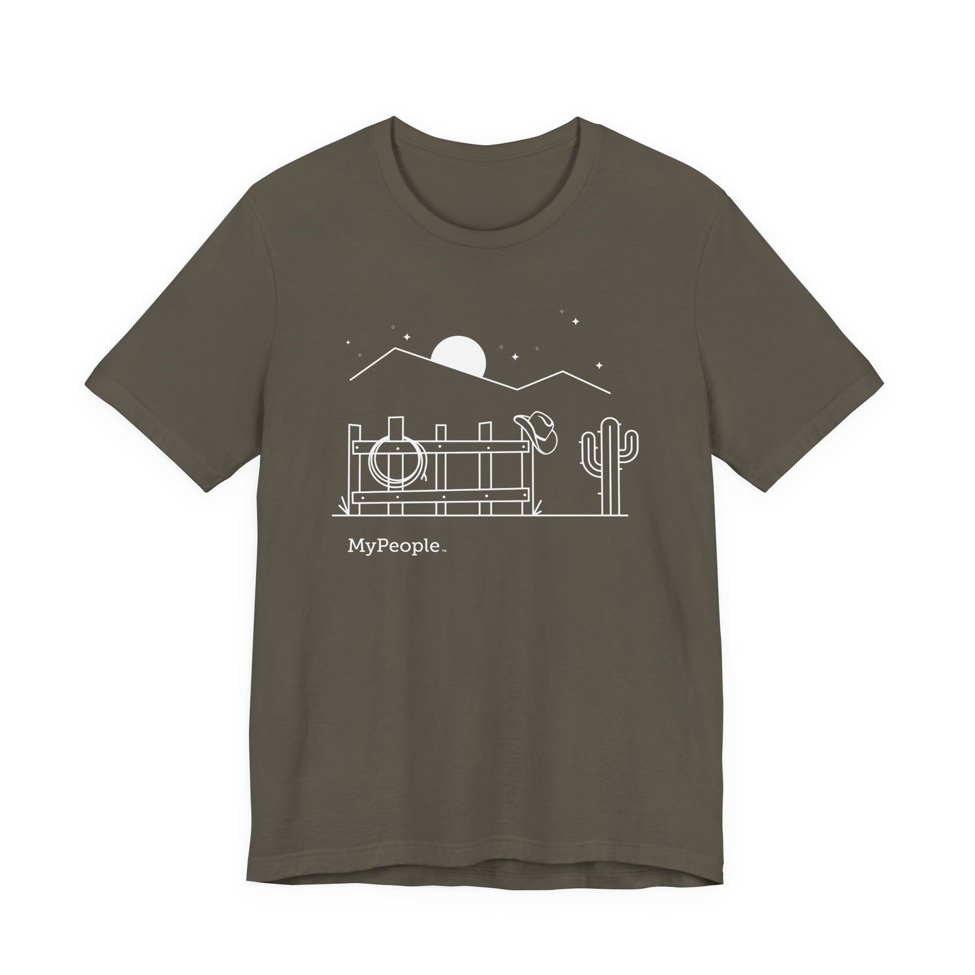 Line illustration of a fence with a cowboy hat, rope, and boots under a night sky, with the word MyPeople underneath on a unisex garment.