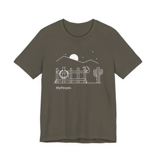 Line illustration of a fence with a cowboy hat, rope, and boots under a night sky, with the word MyPeople underneath on a unisex garment.