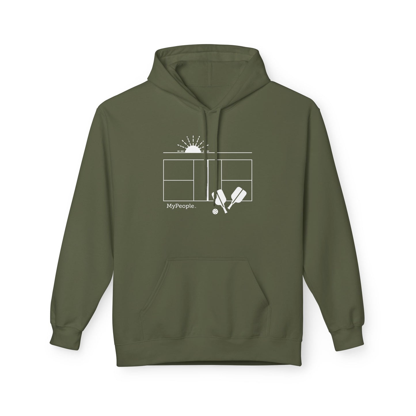 Line illustration of a pickleball court with paddles, a ball, and a setting sun, with the word MyPeople underneath on a unisex garment.