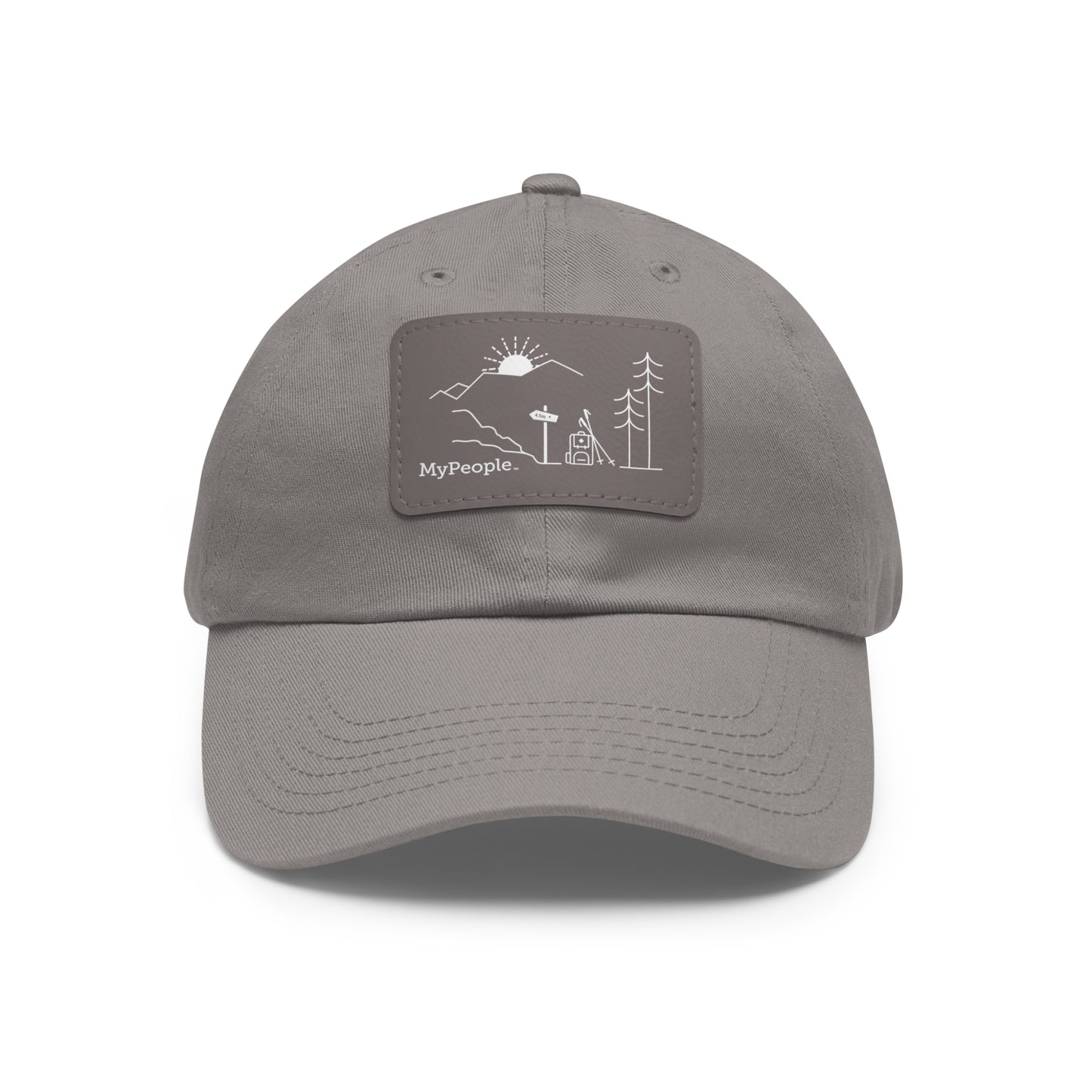 Hat with a leather patch printed with the MyPeople Hiking line illustration.
