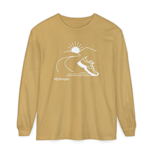 Line illustration of a running shoe with a road leading to mountains and a setting sun, with the word MyPeople underneath on a unisex garment.