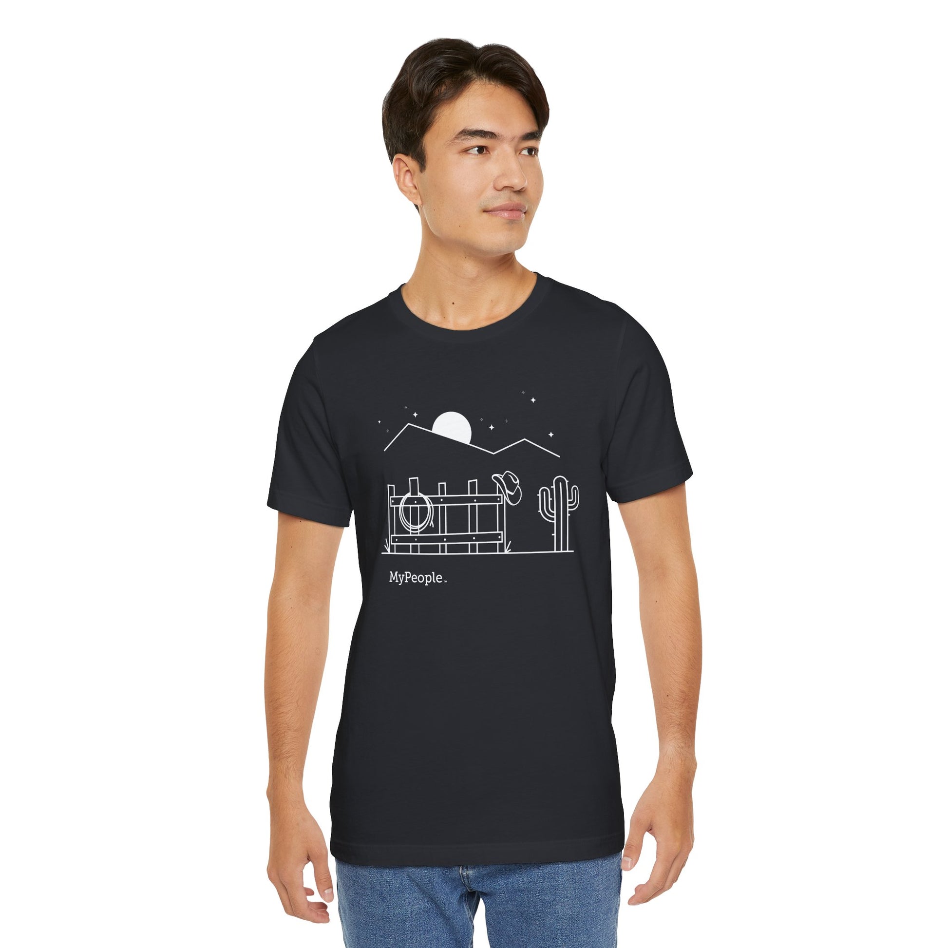 Person wearing a unisex t-shirt showing the front view with the MyPeople Cowboy line illustration.
