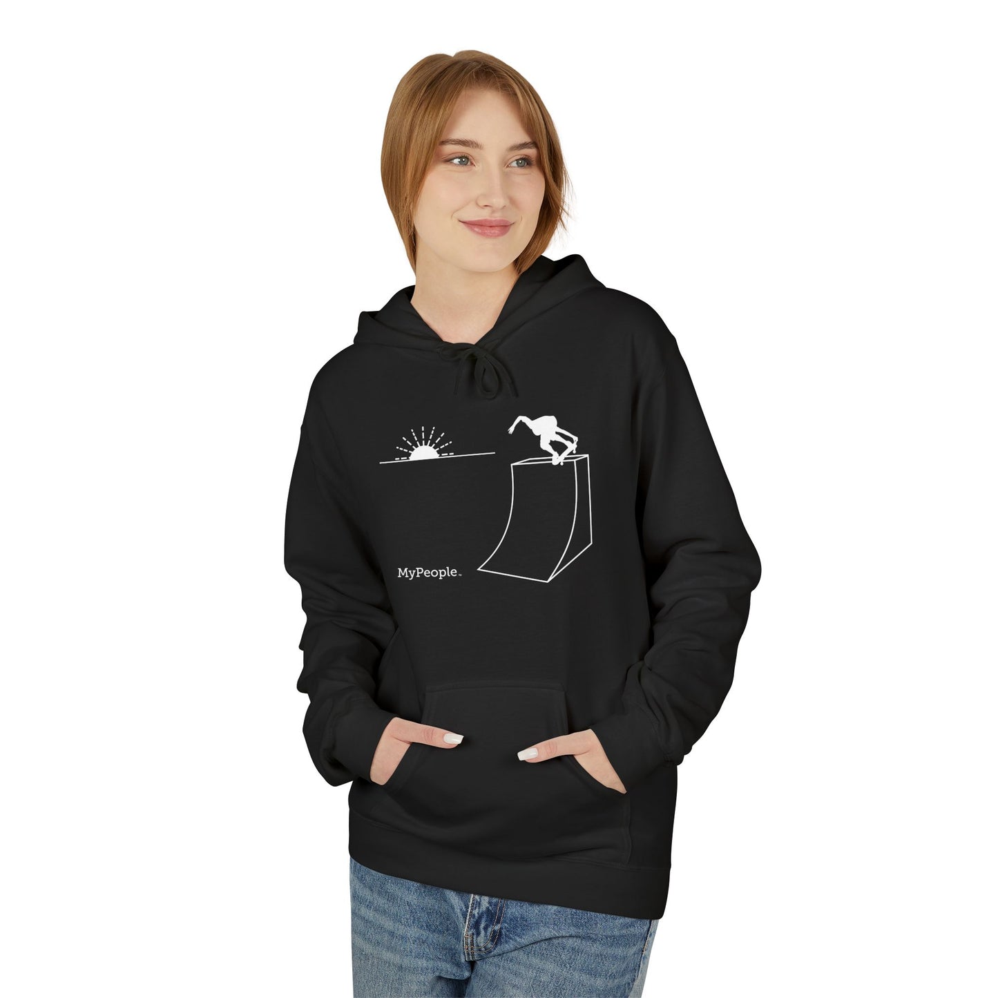 Person wearing a unisex hoodie showing the front view with the MyPeople Skating line illustration.
