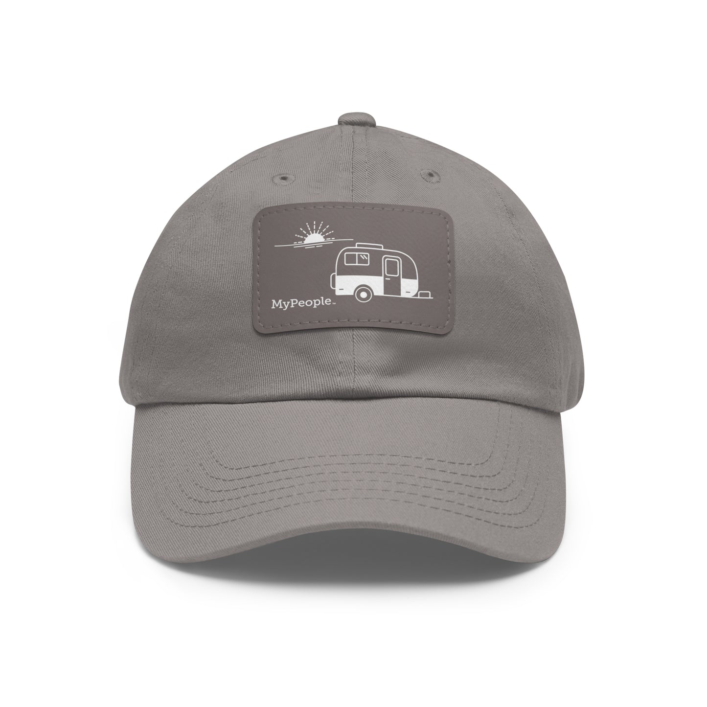 Hat with a leather patch printed with the MyPeople Vintage Trailer line illustration.
