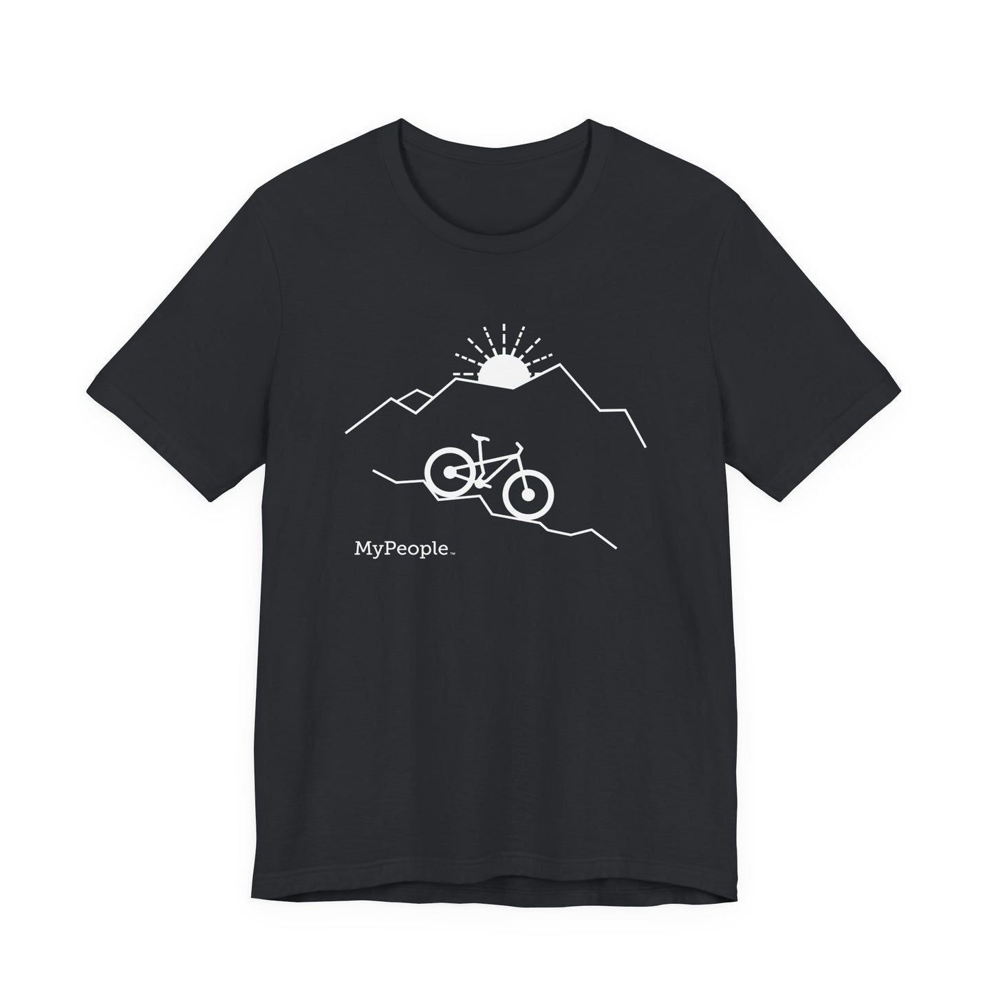 Line illustration of a mountain bike on a downhill slope with mountains and a setting sun, with the word MyPeople underneath on a unisex garment.