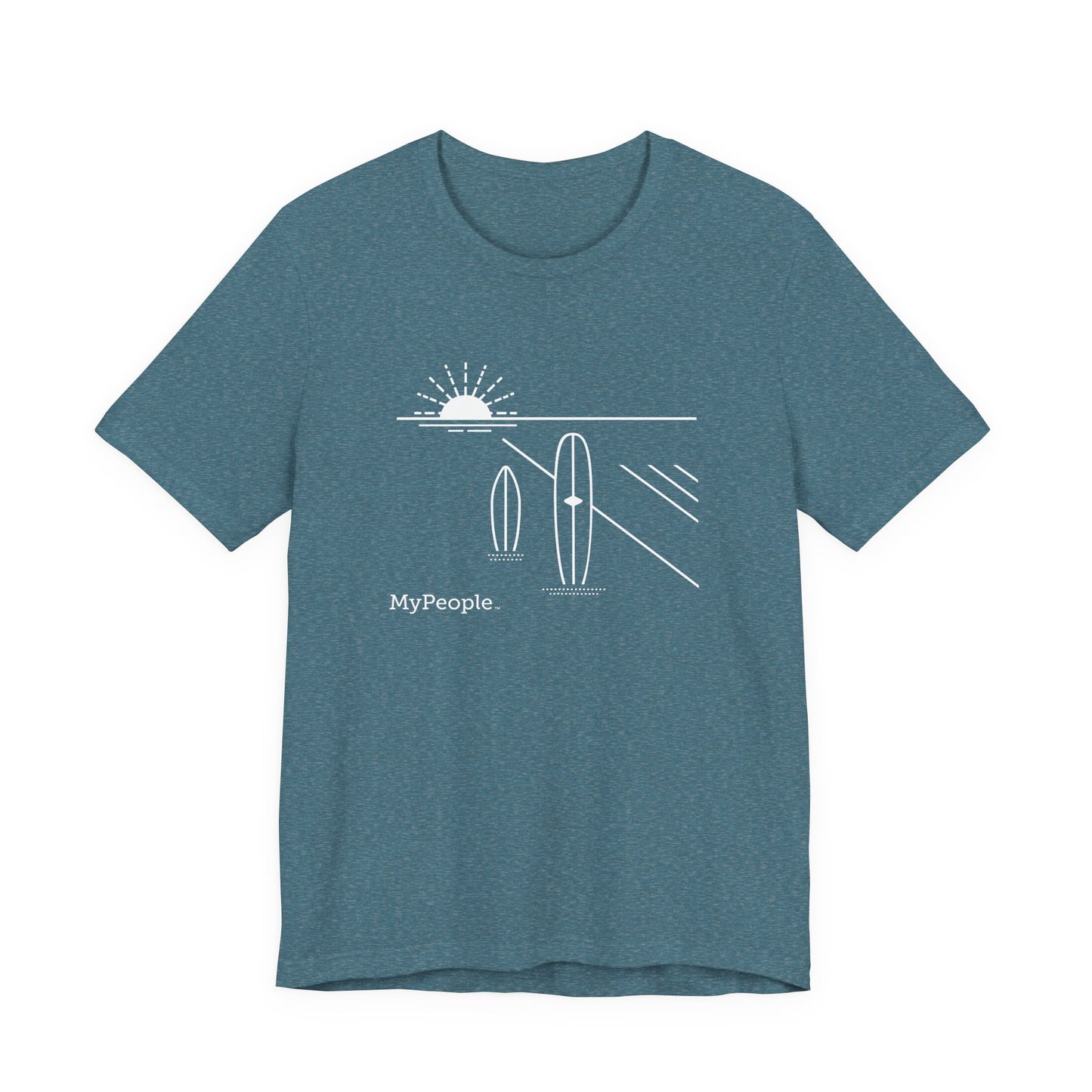 Line illustration of two surfboards standing upright in the sand with a setting sun, with the word MyPeople underneath on a unisex garment.