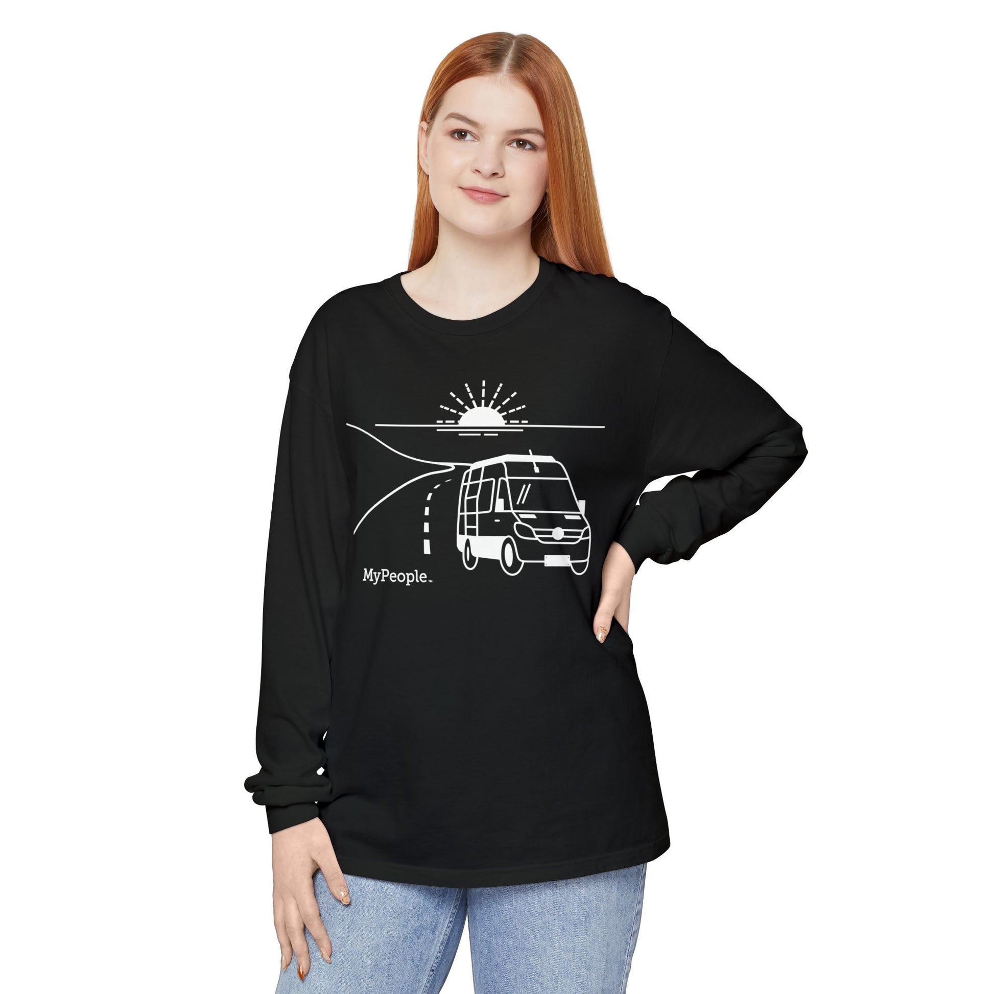 Person wearing a unisex long-sleeve shirt showing the front view with the MyPeople Van Life line illustration.

