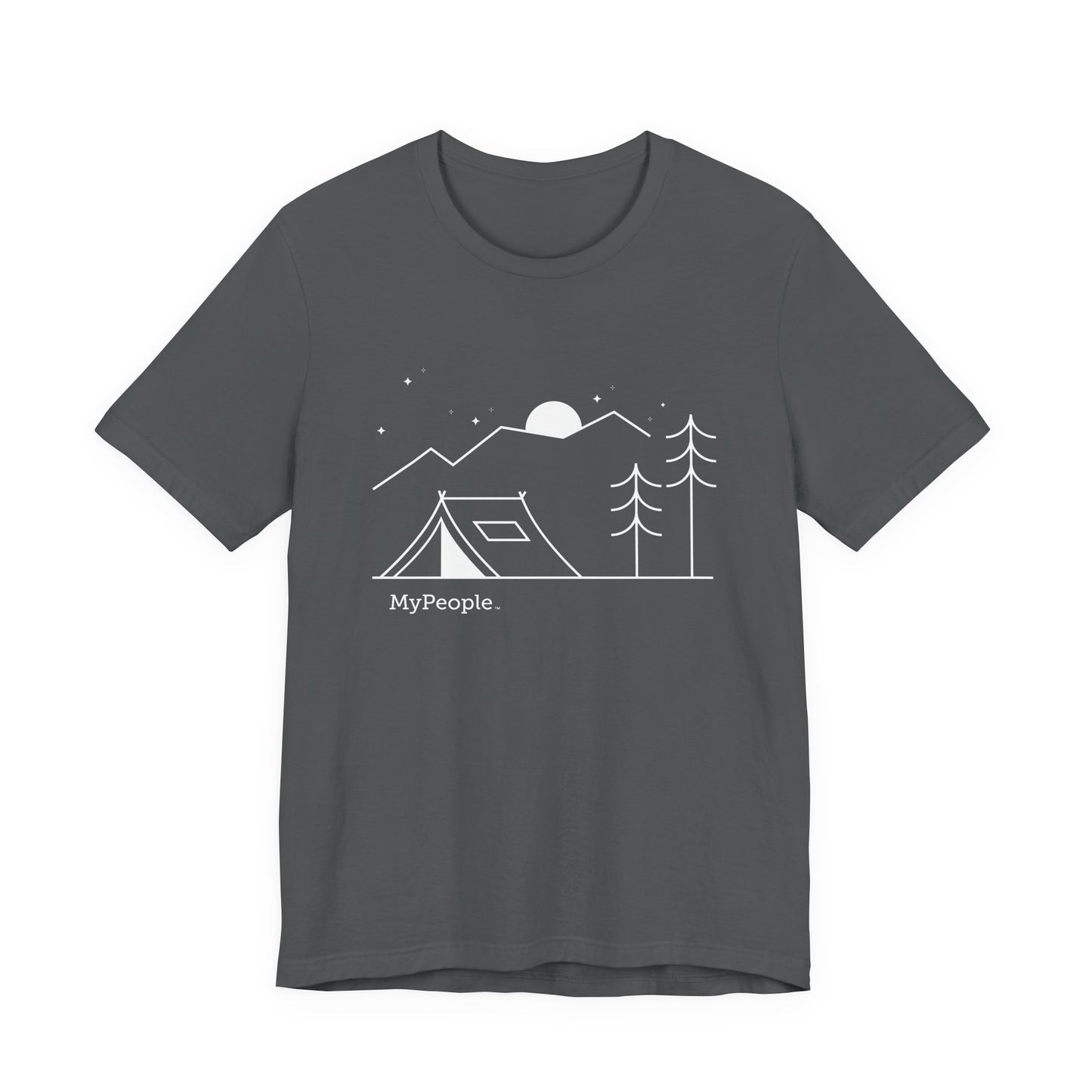 Line illustration of a tent beneath a tree with mountains, stars, and a moon, with the word MyPeople underneath on a unisex garment.
