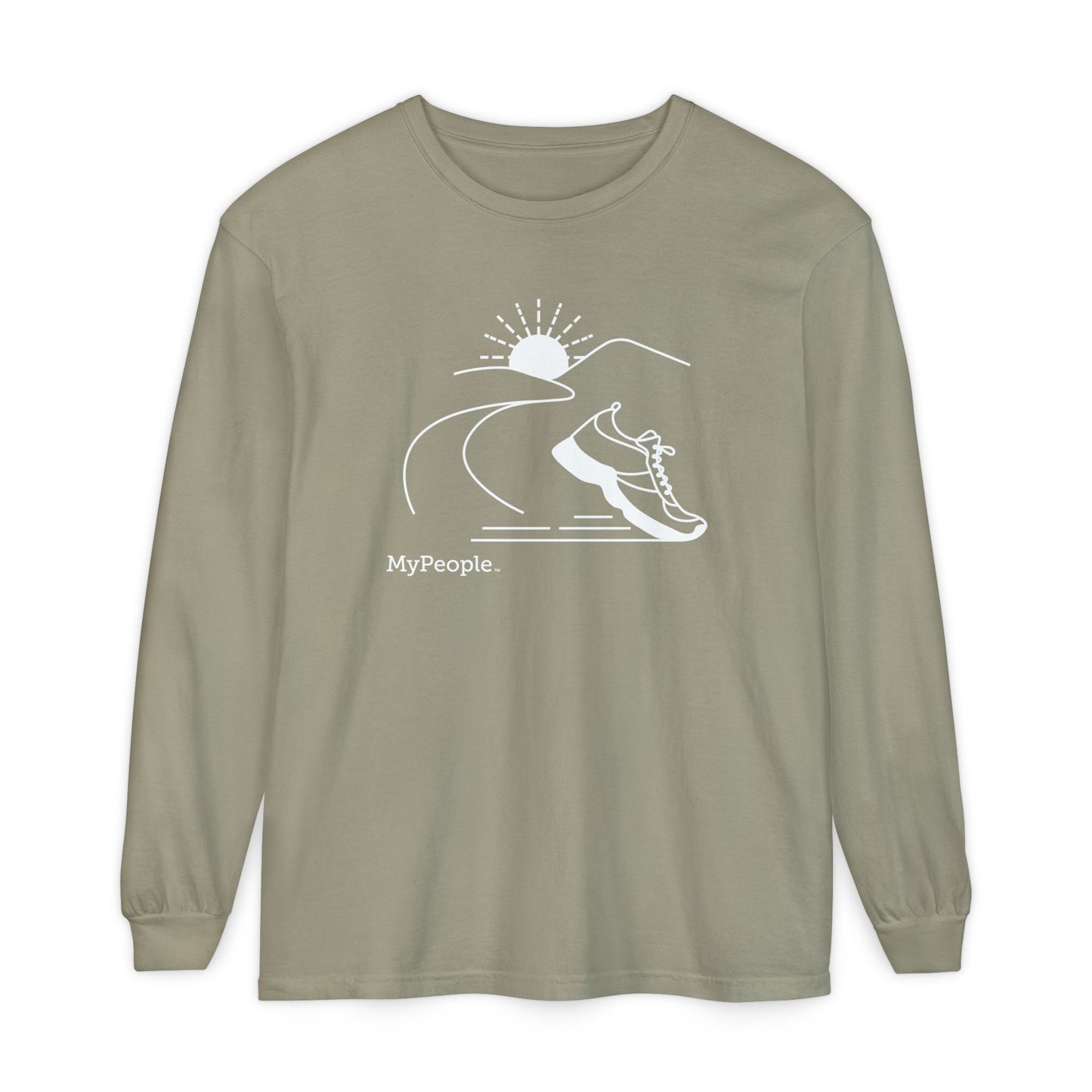 Line illustration of a running shoe with a road leading to mountains and a setting sun, with the word MyPeople underneath on a unisex garment.
