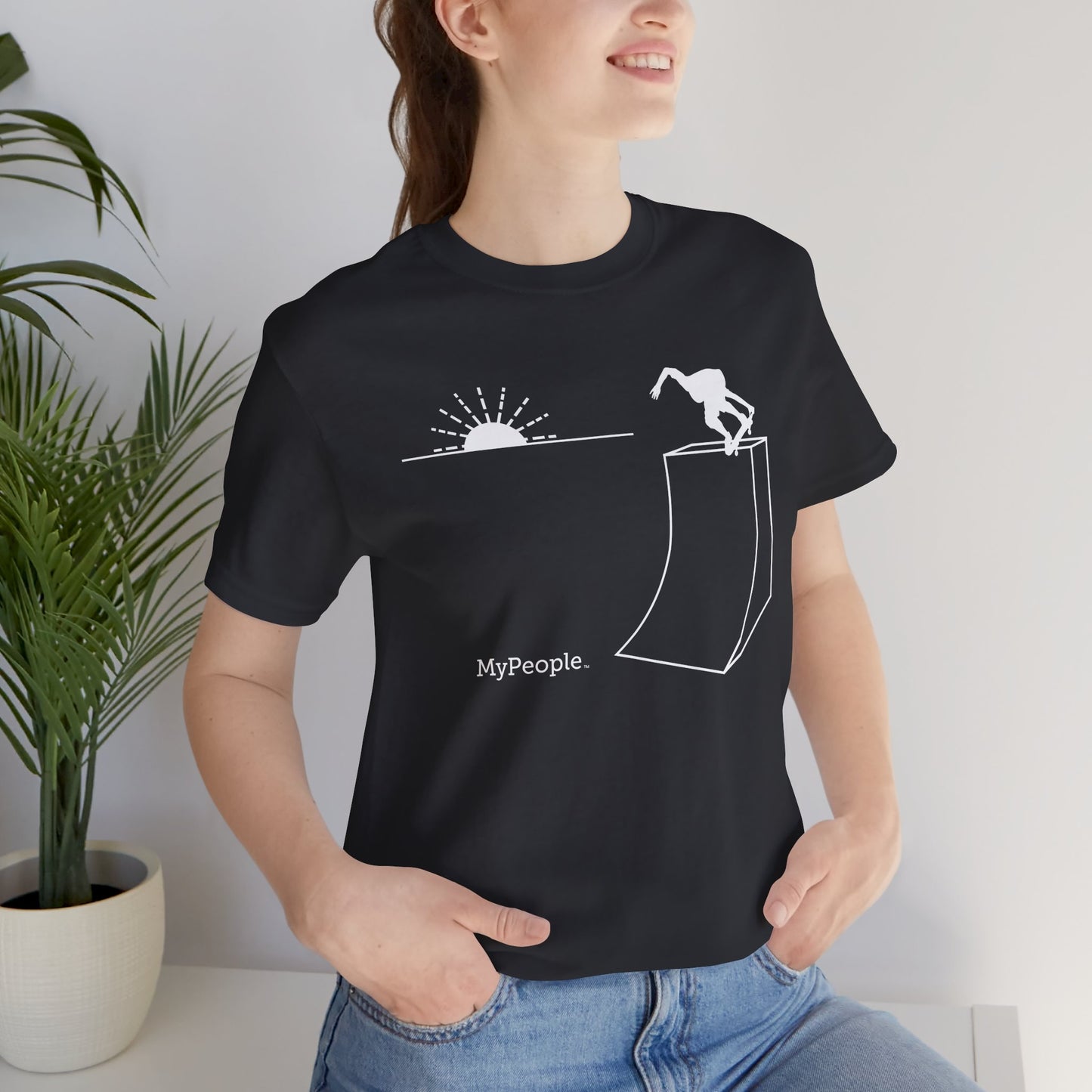 Person wearing a unisex t-shirt showing the front view with the MyPeople Skating line illustration.

