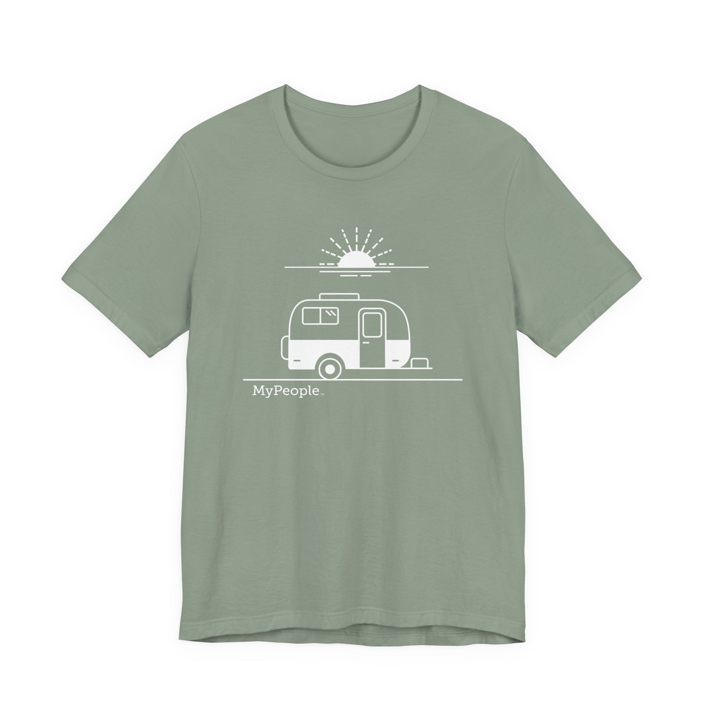 Line illustration of a vintage fiberglass trailer with a setting sun, with the word MyPeople underneath on a unisex garment.