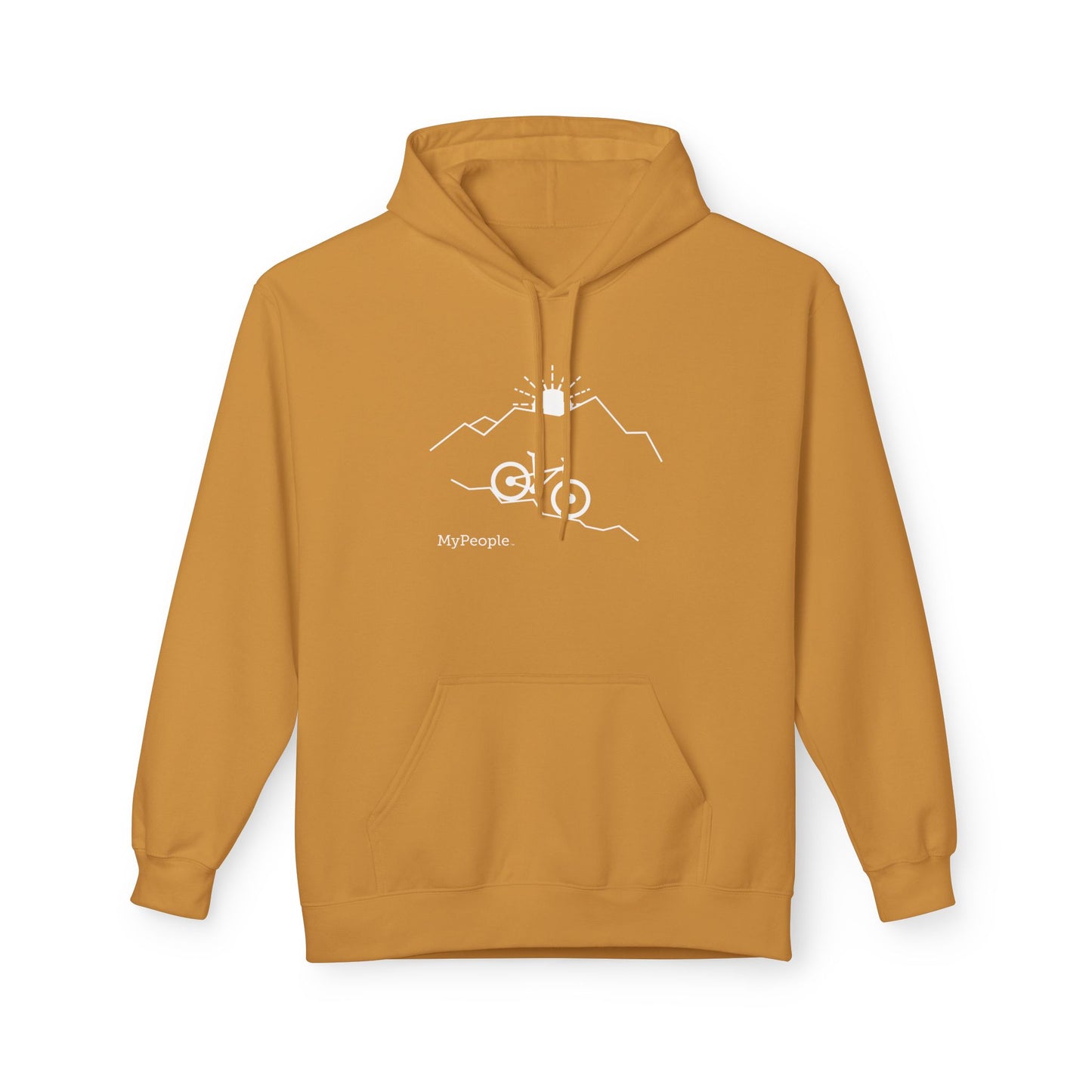 Line illustration of a mountain bike on a downhill slope with mountains and a setting sun, with the word MyPeople underneath on a unisex garment.
