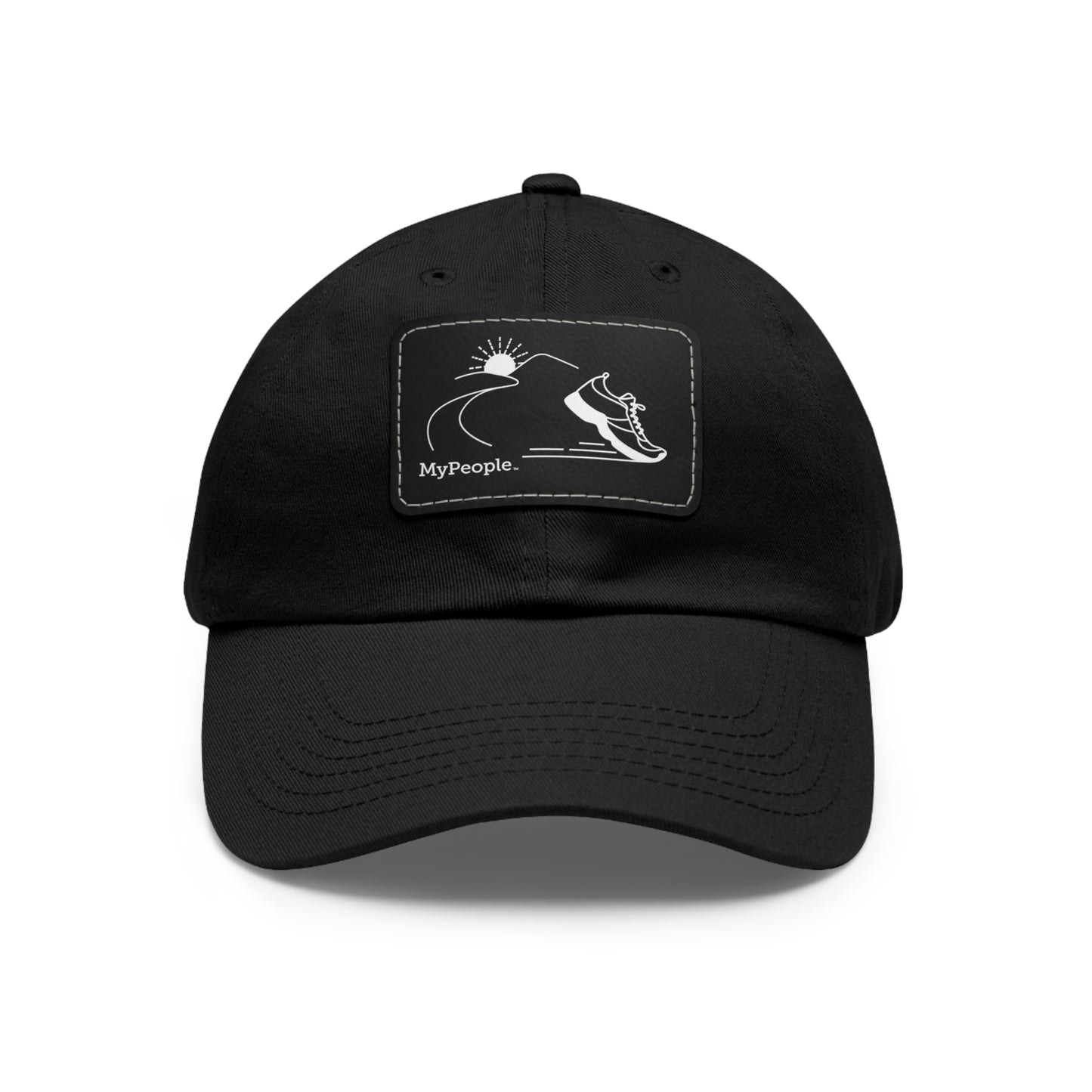 Line illustration of a running shoe with a road leading toward mountains and a setting sun, with the word MyPeople underneath printed on a leather patch on a unisex hat.
