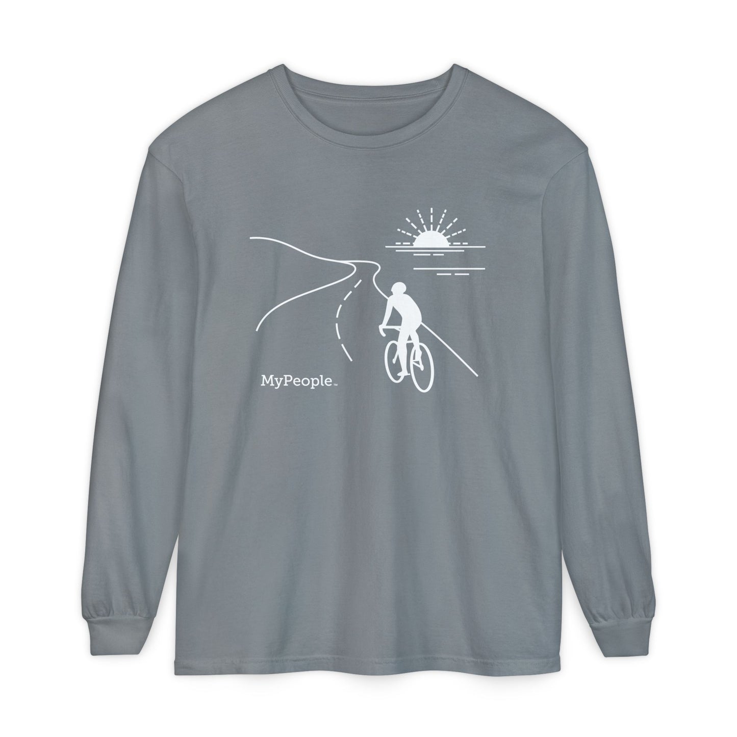 Line illustration of a road cyclist riding along a coastal highway at sunset, with the word MyPeople underneath on a unisex garment.