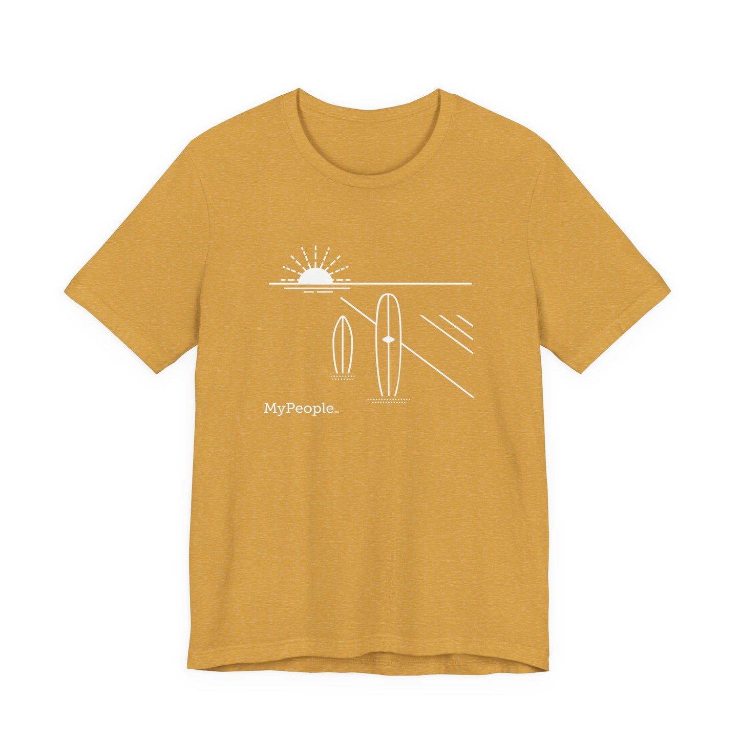 Line illustration of two surfboards standing upright in the sand with a setting sun, with the word MyPeople underneath on a unisex garment.