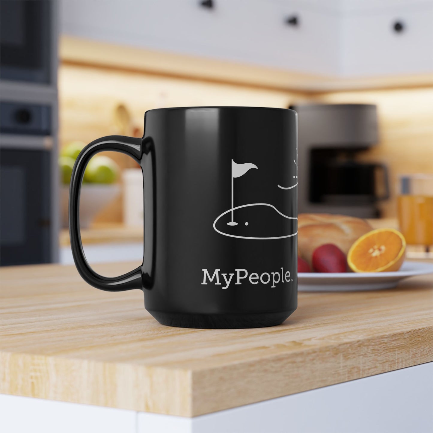Side view of a ceramic mug with the MyPeople Golf line illustration, handle on the left.

