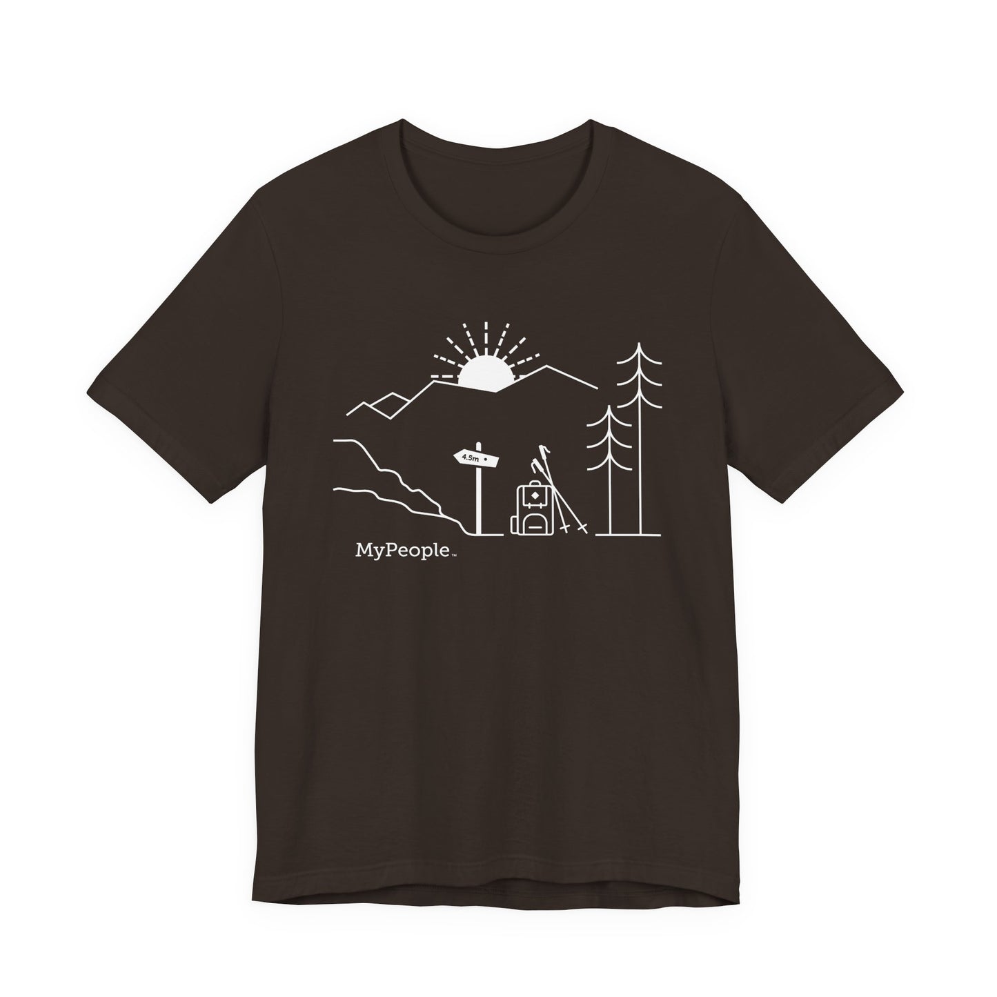 Line illustration of a backpack and hiking poles beside a trail sign with mountains and a setting sun, with the word MyPeople underneath on a unisex garment.