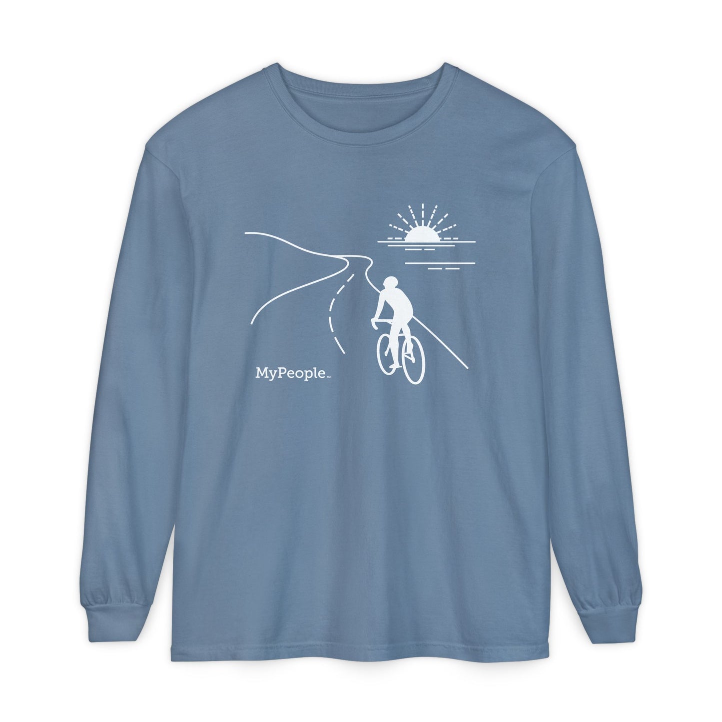 Line illustration of a road cyclist riding along a coastal highway at sunset, with the word MyPeople underneath on a unisex garment.