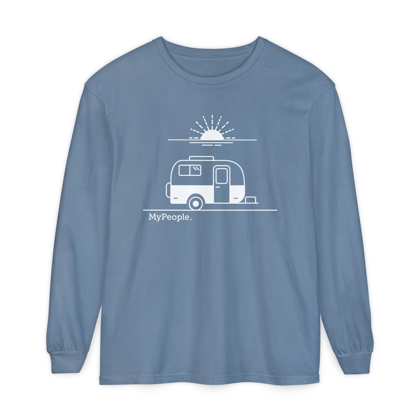Line illustration of a vintage fiberglass trailer with a setting sun, with the word MyPeople underneath on a unisex garment.
