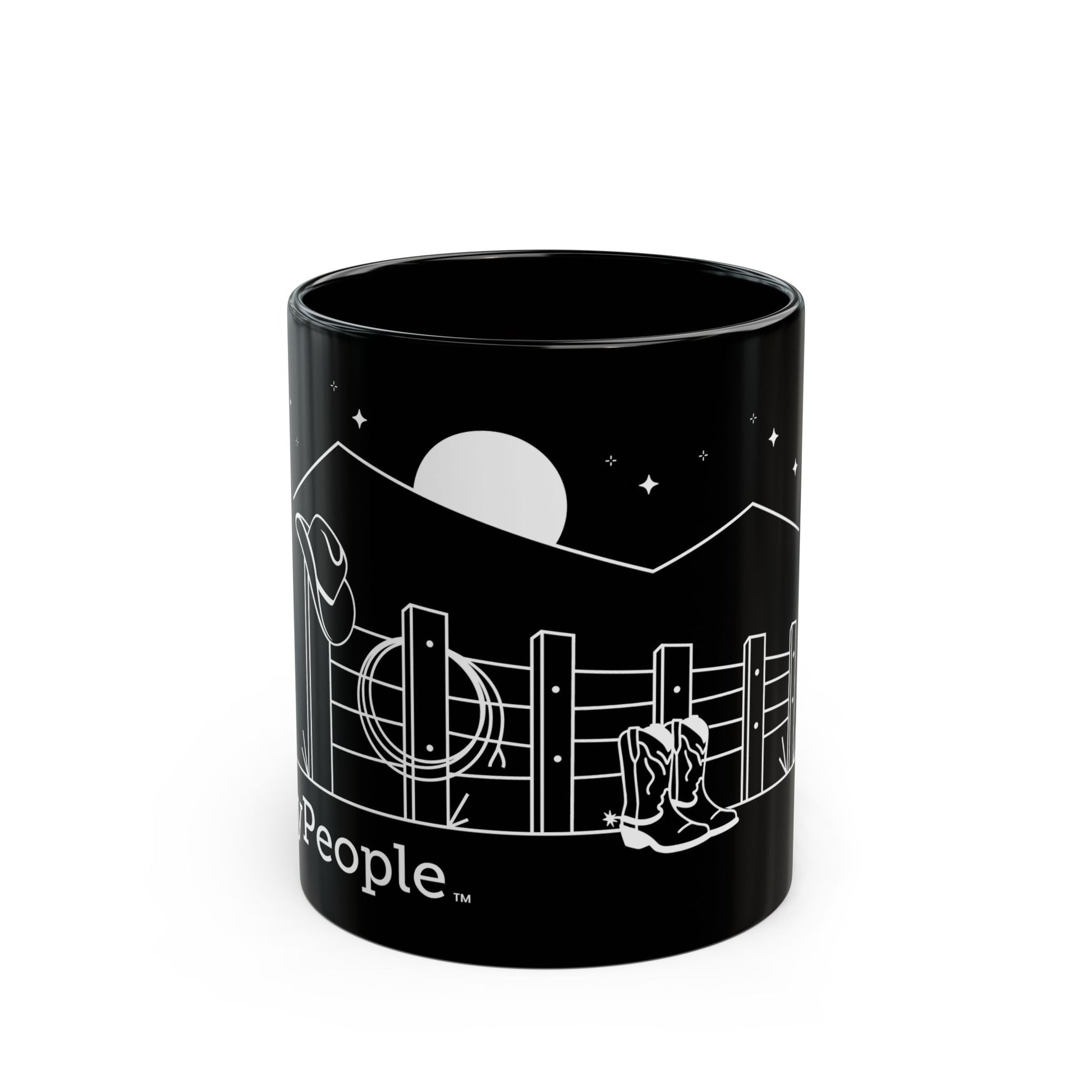 Line illustration of a fence with a cowboy hat, rope, and boots, with stars and a moon in the night sky, with the word MyPeople underneath printed on a ceramic mug.