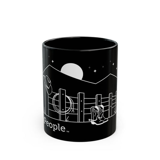 Line illustration of a fence with a cowboy hat, rope, and boots, with stars and a moon in the night sky, with the word MyPeople underneath printed on a ceramic mug.