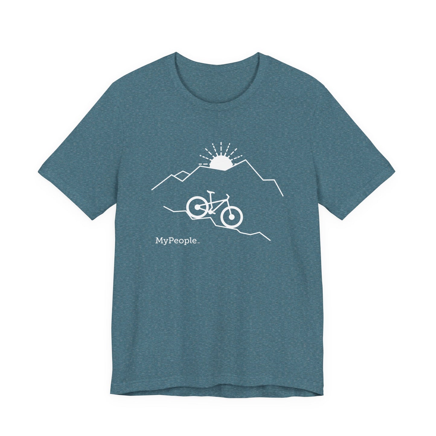 Line illustration of a mountain bike on a downhill slope with mountains and a setting sun, with the word MyPeople underneath on a unisex garment.