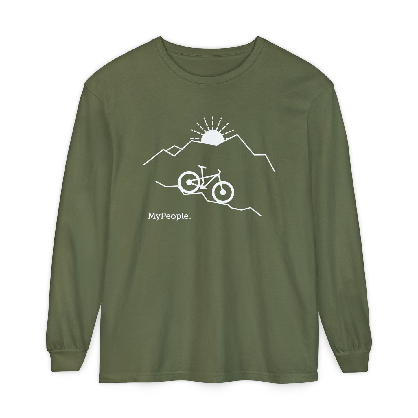 Line illustration of a mountain bike on a downhill slope with mountains and a setting sun, with the word MyPeople underneath on a unisex garment.