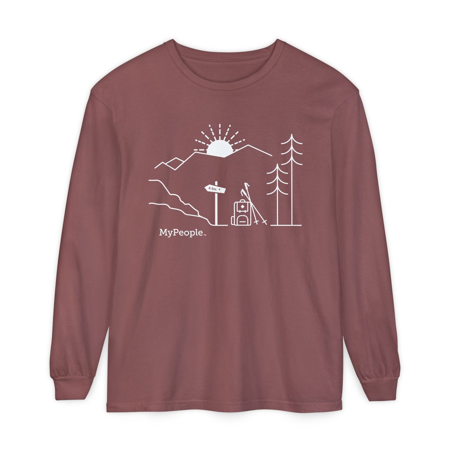 Line illustration of a backpack and hiking poles beside a trail sign with mountains and a setting sun, with the word MyPeople underneath on a unisex garment.