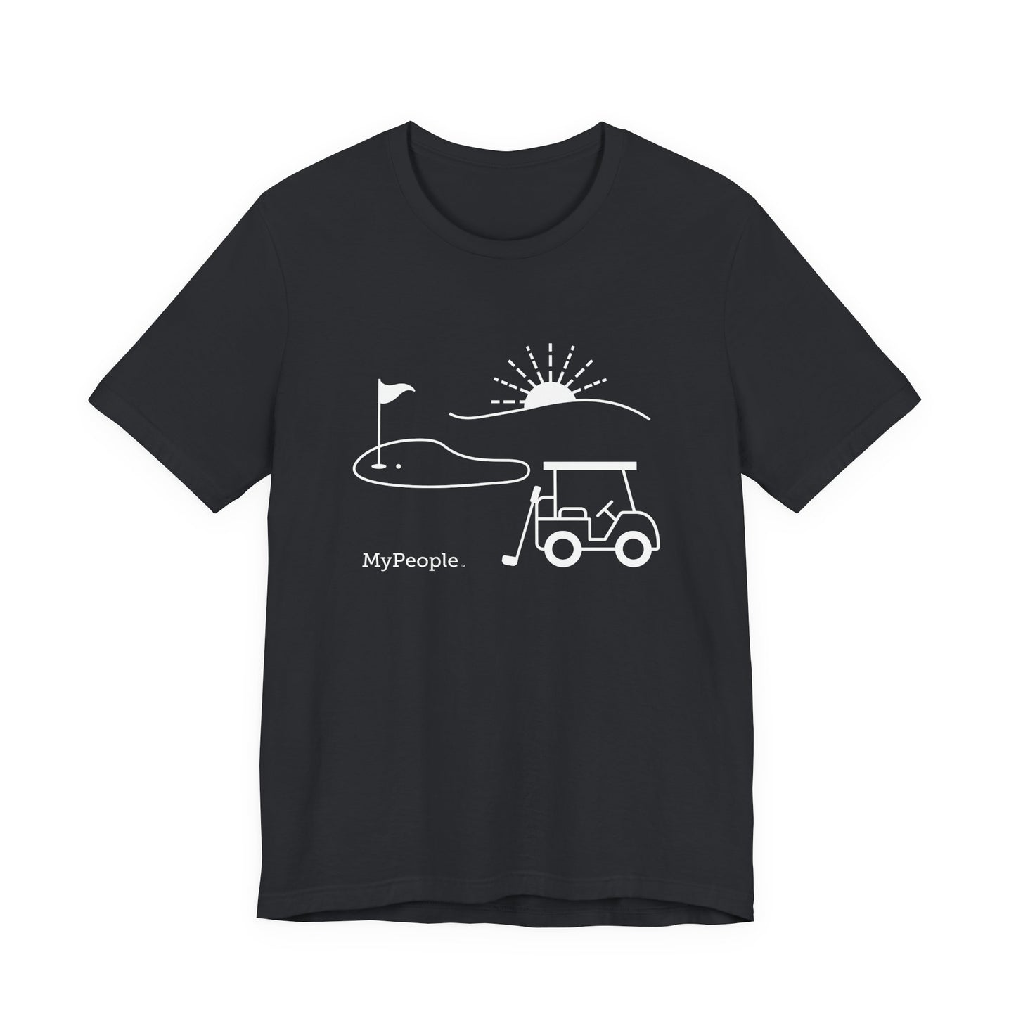 Line illustration of a golf cart, club, and green with a setting sun, with the word MyPeople underneath on a unisex garment.