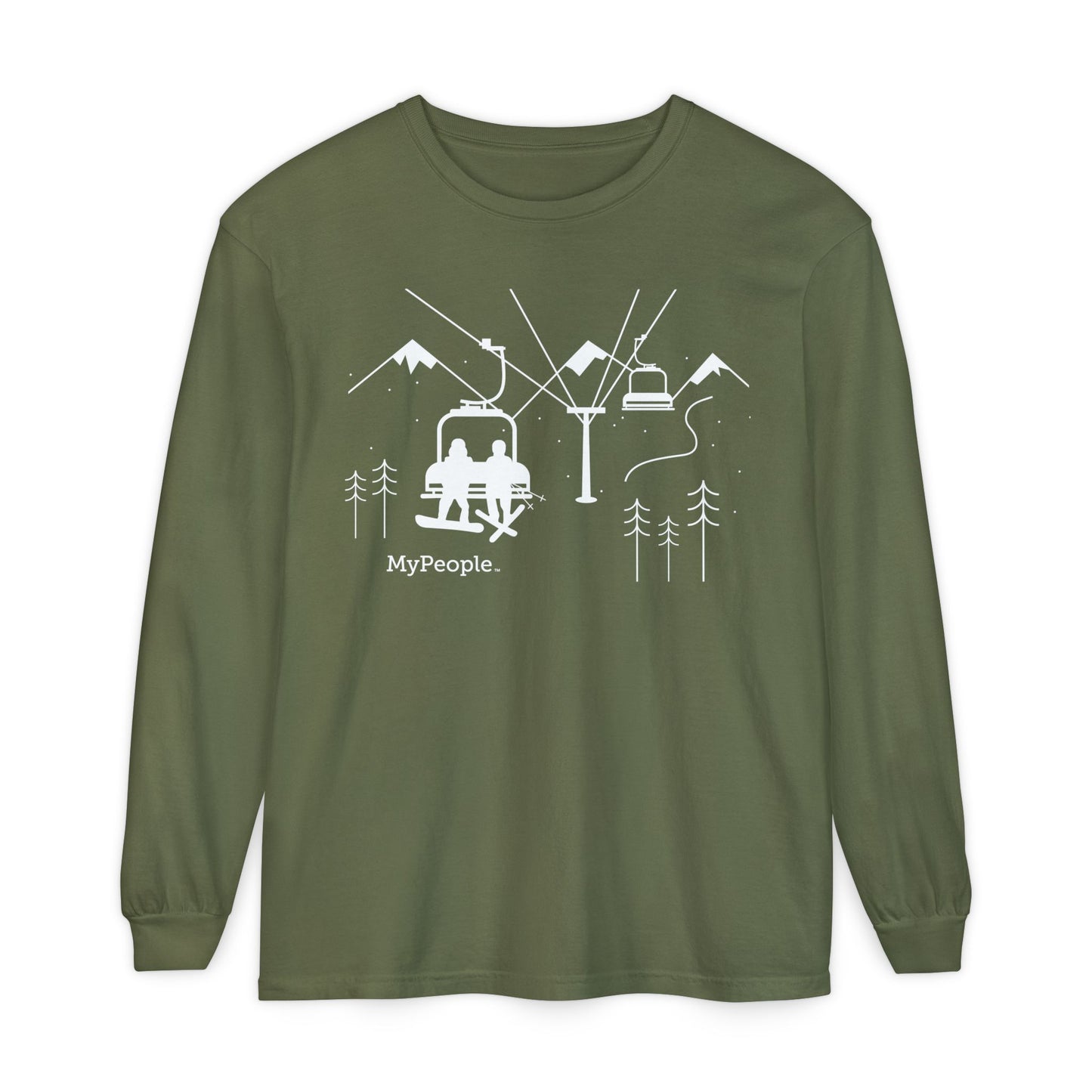 MyPeople Snowsports collection link featuring a line illustration of a snowboarder and skier on a chairlift with snowy peaks behind them.