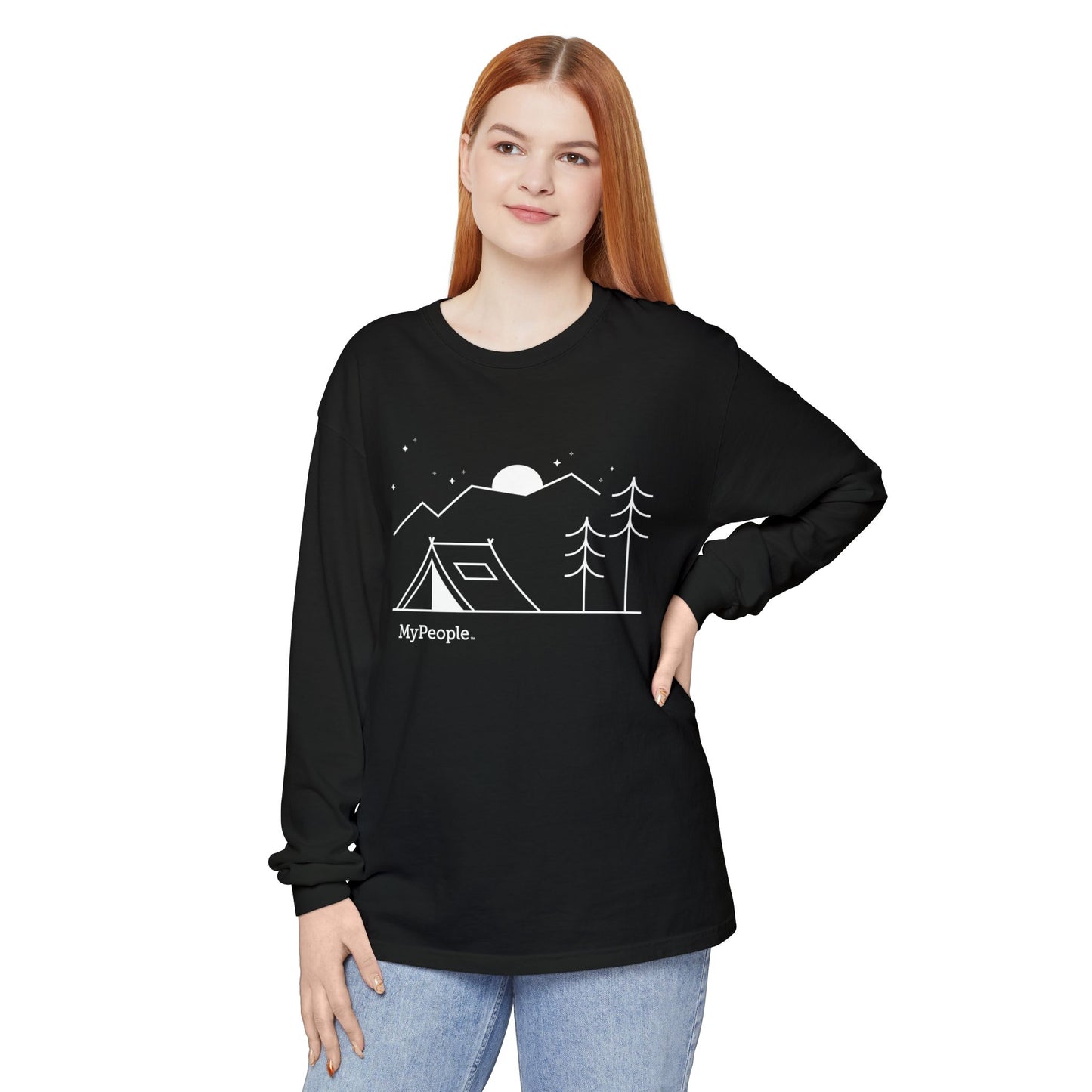 Person wearing a unisex long-sleeve shirt showing the front view with the MyPeople Tent Camping line illustration.
