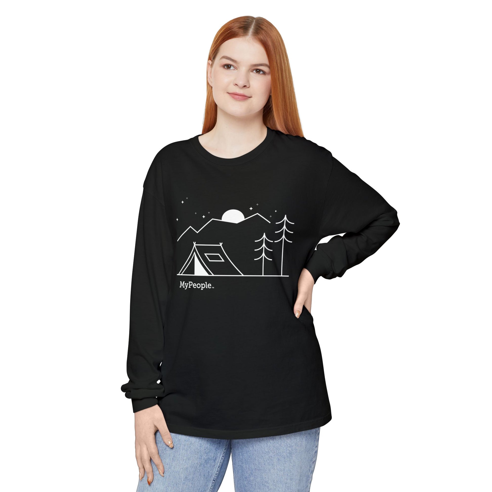 Person wearing a unisex long-sleeve shirt showing the front view with the MyPeople Tent Camping line illustration.
