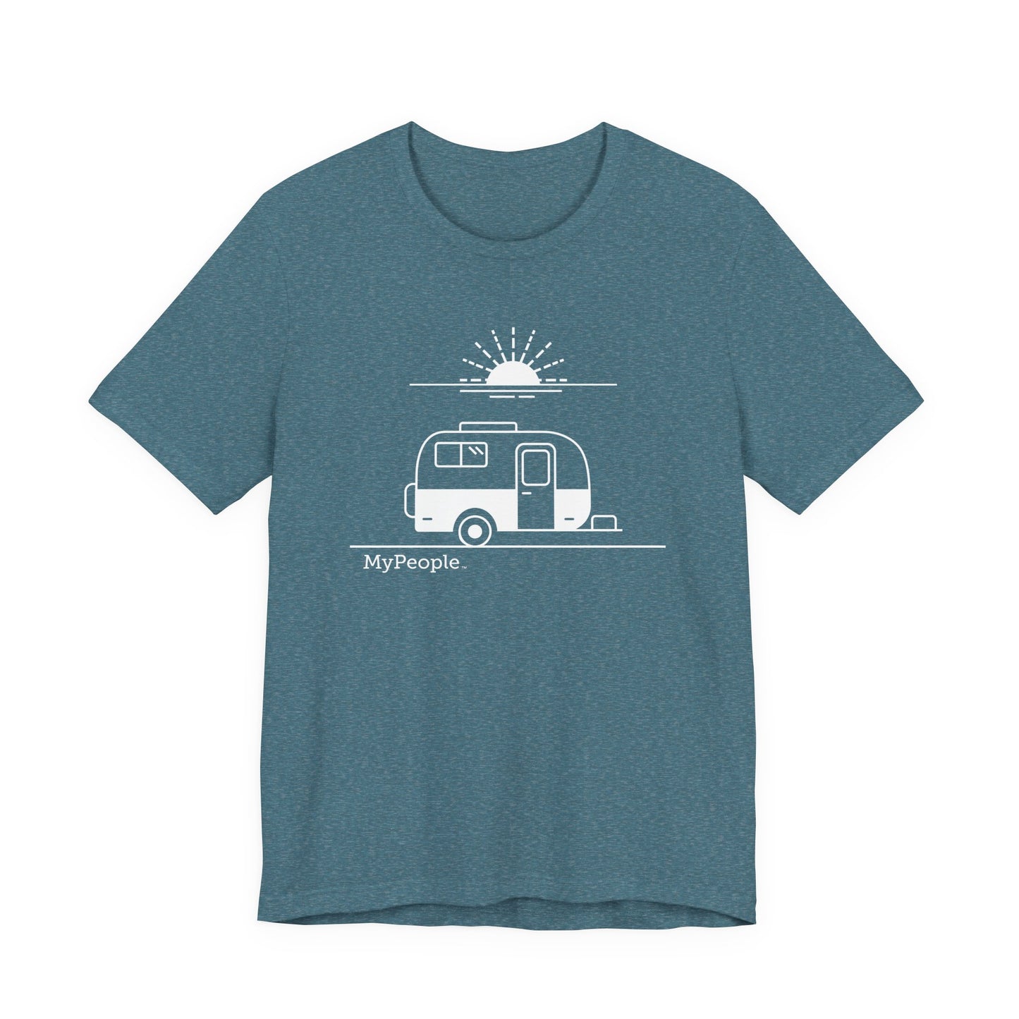 Line illustration of a vintage fiberglass trailer with a setting sun, with the word MyPeople underneath on a unisex garment.