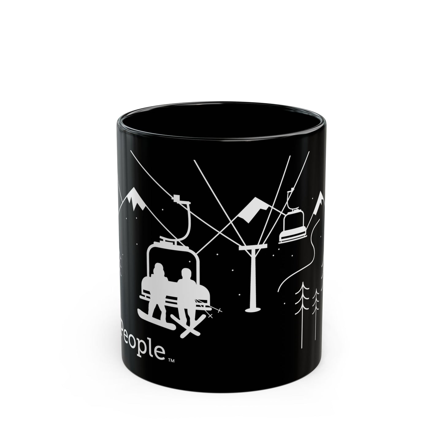 Line illustration of a snowboarder and skier sitting side by side on a chairlift with snowy peaks and trees behind them, with the word MyPeople underneath printed on a ceramic mug.