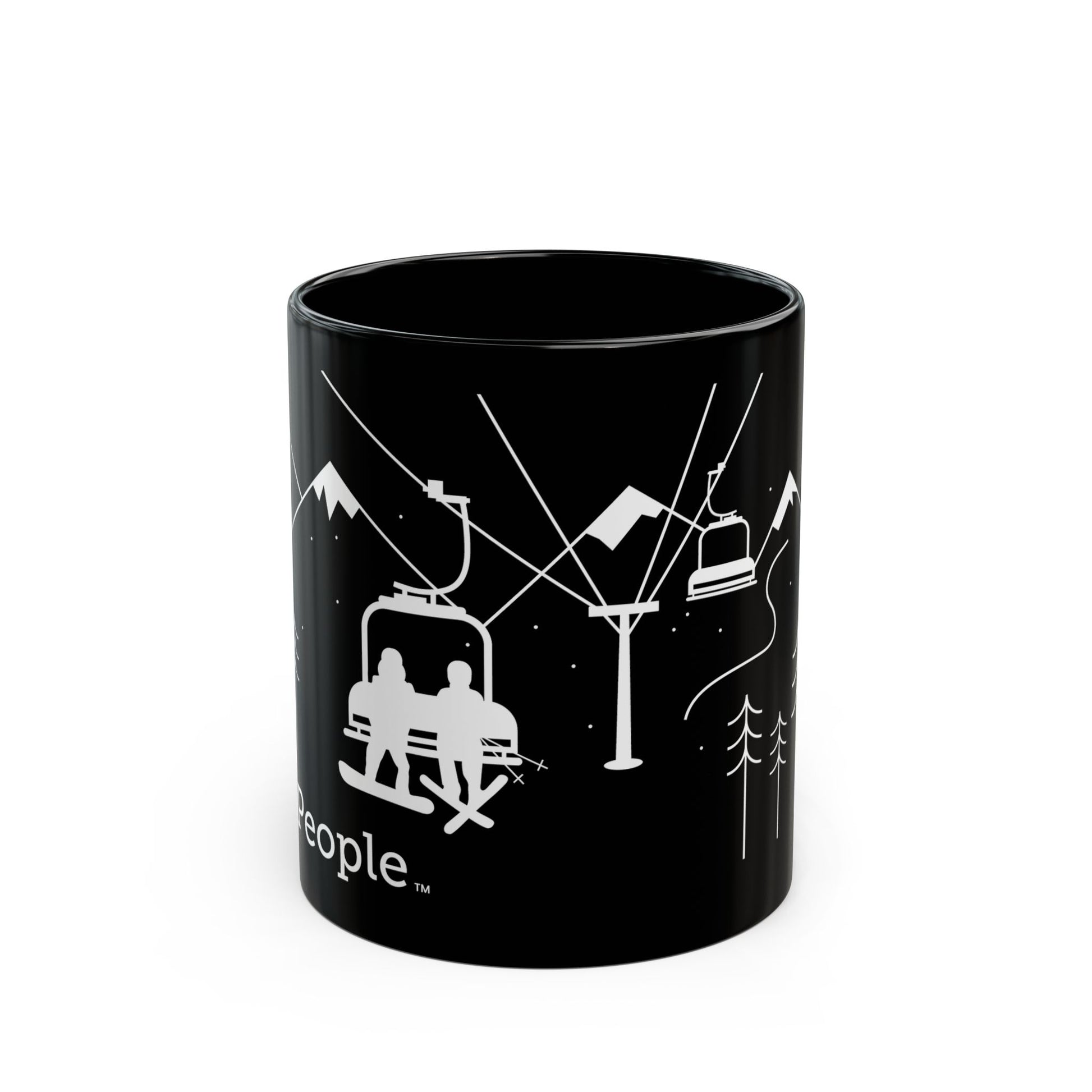 Line illustration of a snowboarder and skier sitting side by side on a chairlift with snowy peaks and trees behind them, with the word MyPeople underneath printed on a ceramic mug.